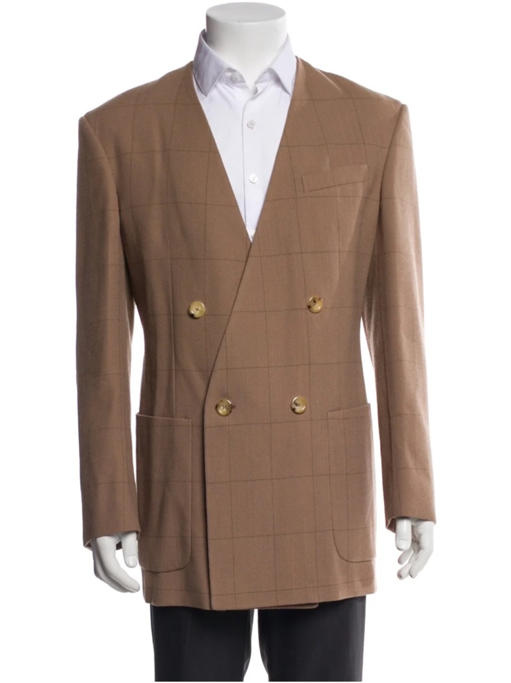 Gucci Men's Double-Breasted Tan Check Blazer with Gold Buttons